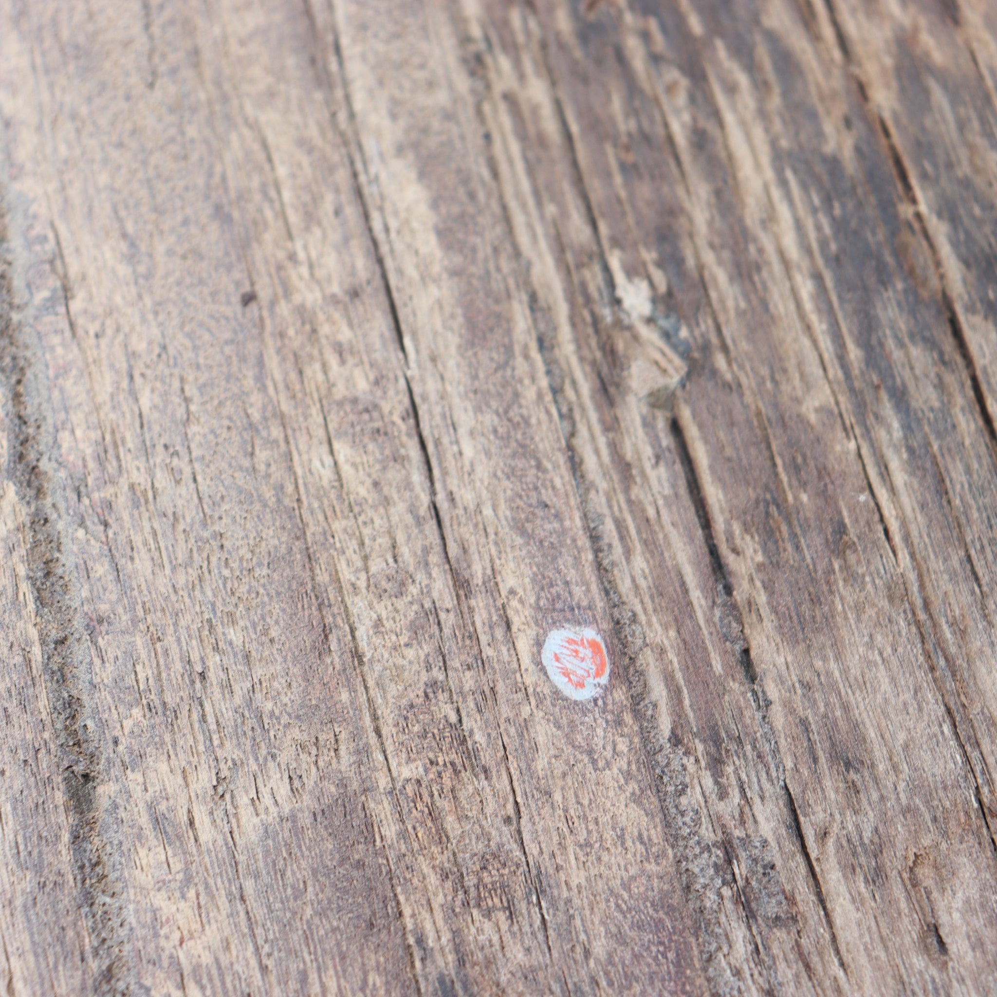 Close-up of a wooden surface with a small red and white label.