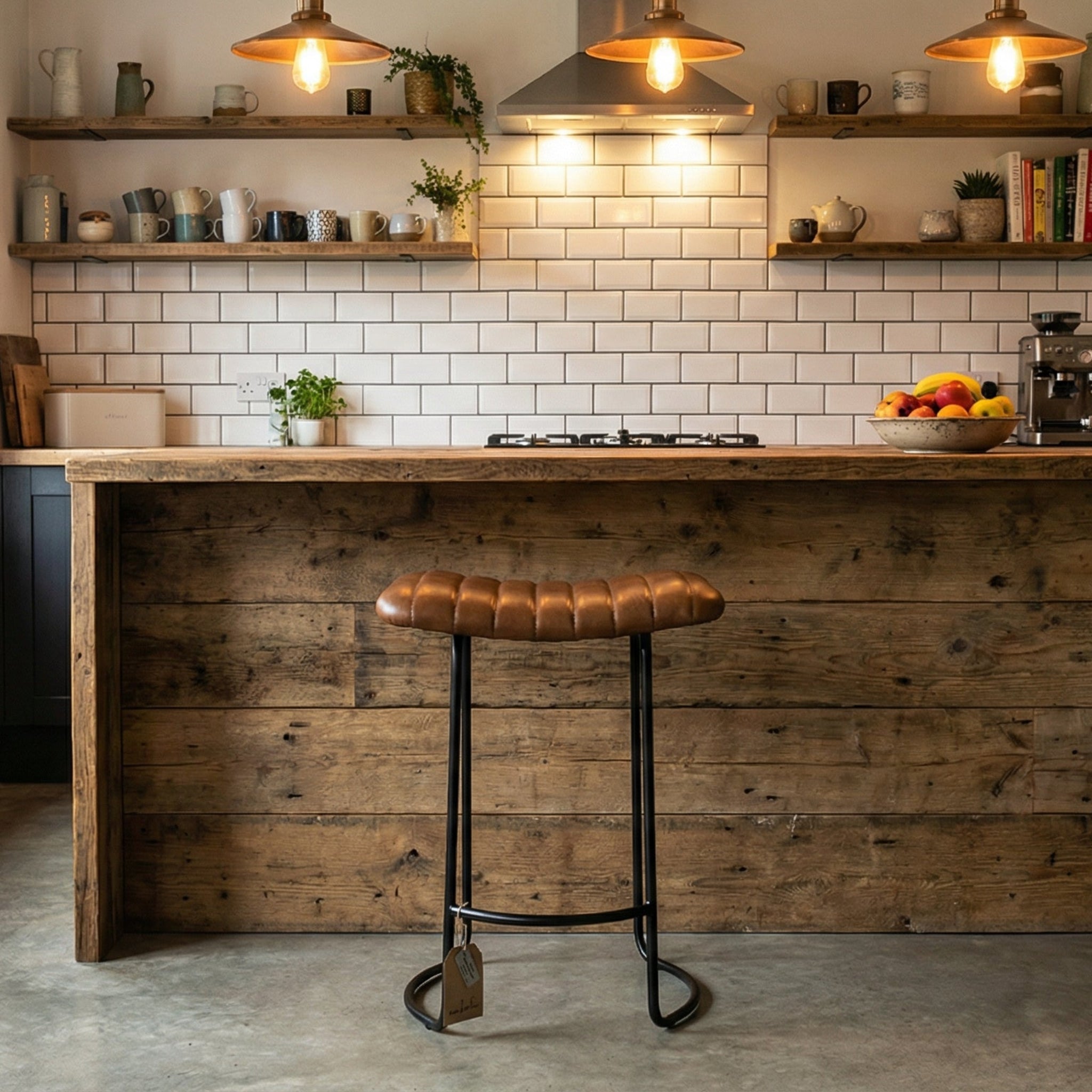 Modern kitchen with wooden island and bar stool, featuring a white tiled wall and wooden shelves.