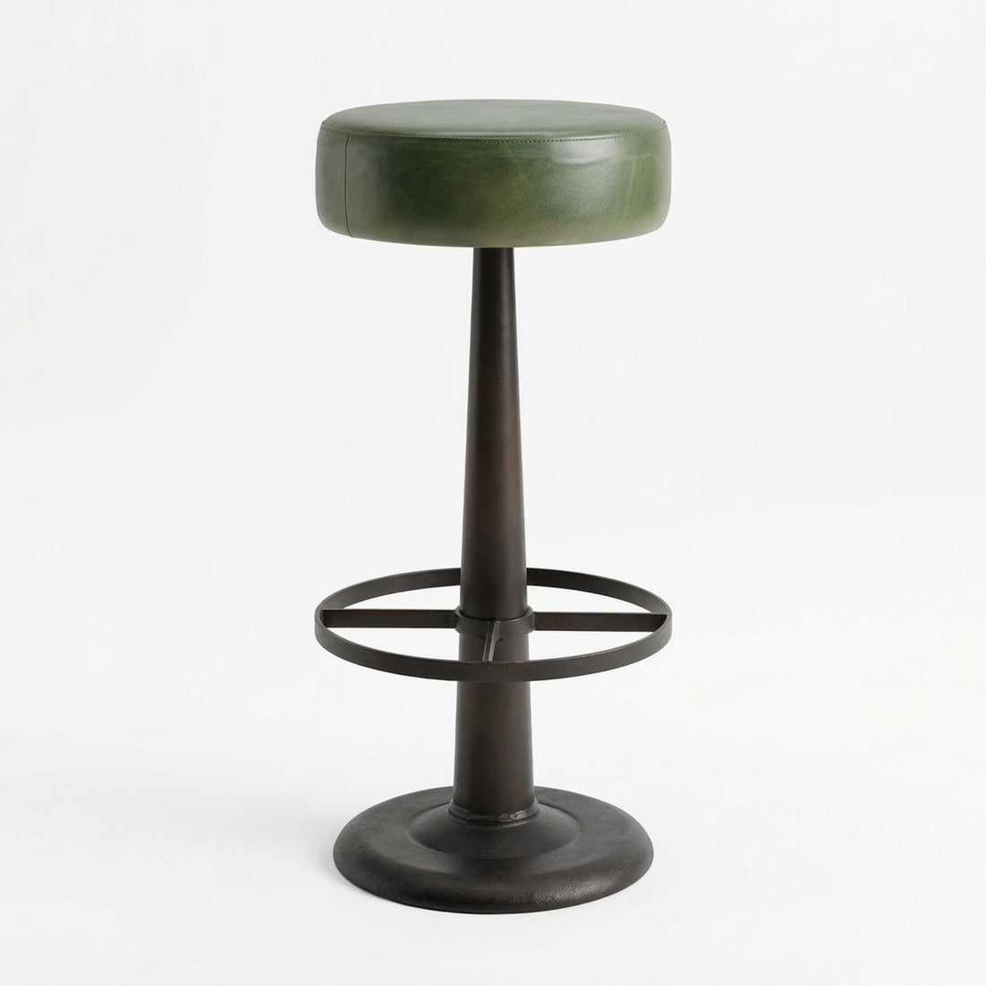 Green bar stool with a black metal base on a white background