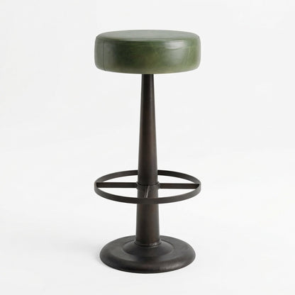 Green bar stool with a black metal base on a white background
