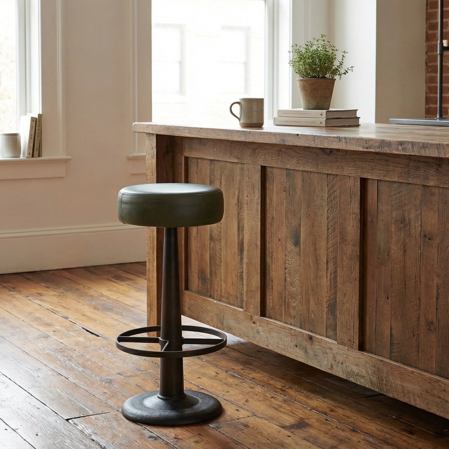 Nkuku Narwana Round Leather Stool Rich Green