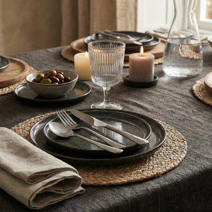 Dining table setting with plates, glasses, and candles in a warm indoor setting.