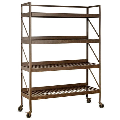 Metal bookshelf with four shelves on wheels against a white background