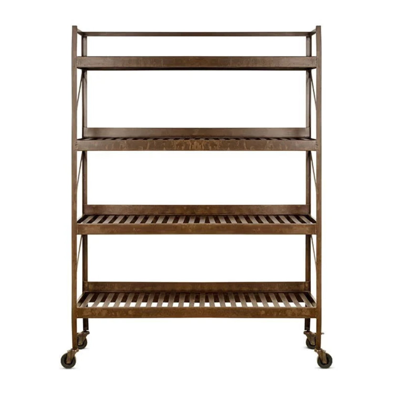 Brown metal shelf with four shelves on wheels against a white background