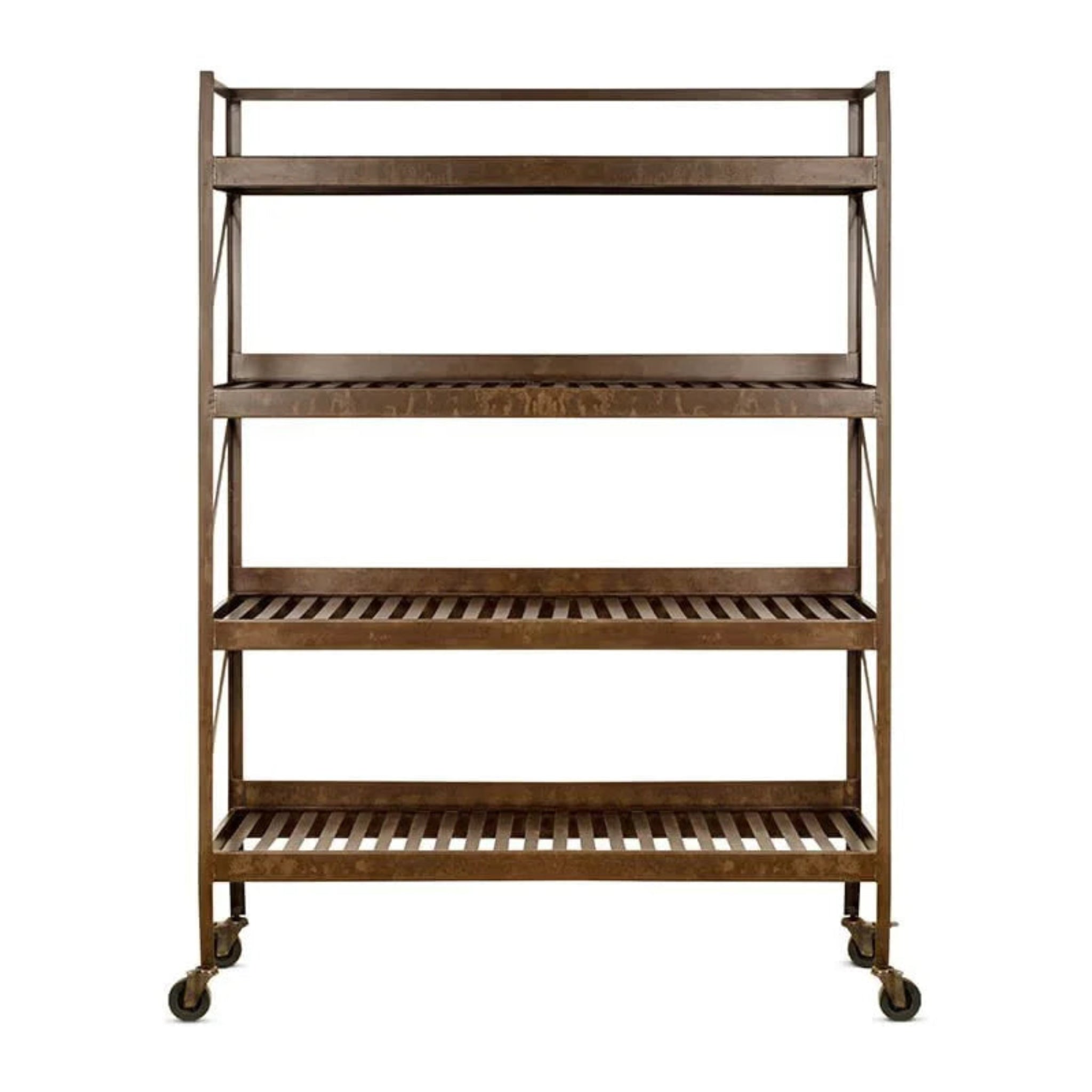 Brown metal shelf with four shelves on wheels against a white background