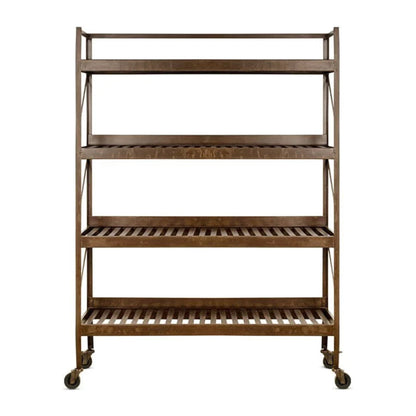 Brown metal shelf with four shelves on wheels against a white background