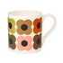 A white ceramic coffee mug featuring the classic Alvar Aalto Popcorn Flower pattern in olive green, mustard, orange, brown, pink, and dark brown, set against a plain white background.