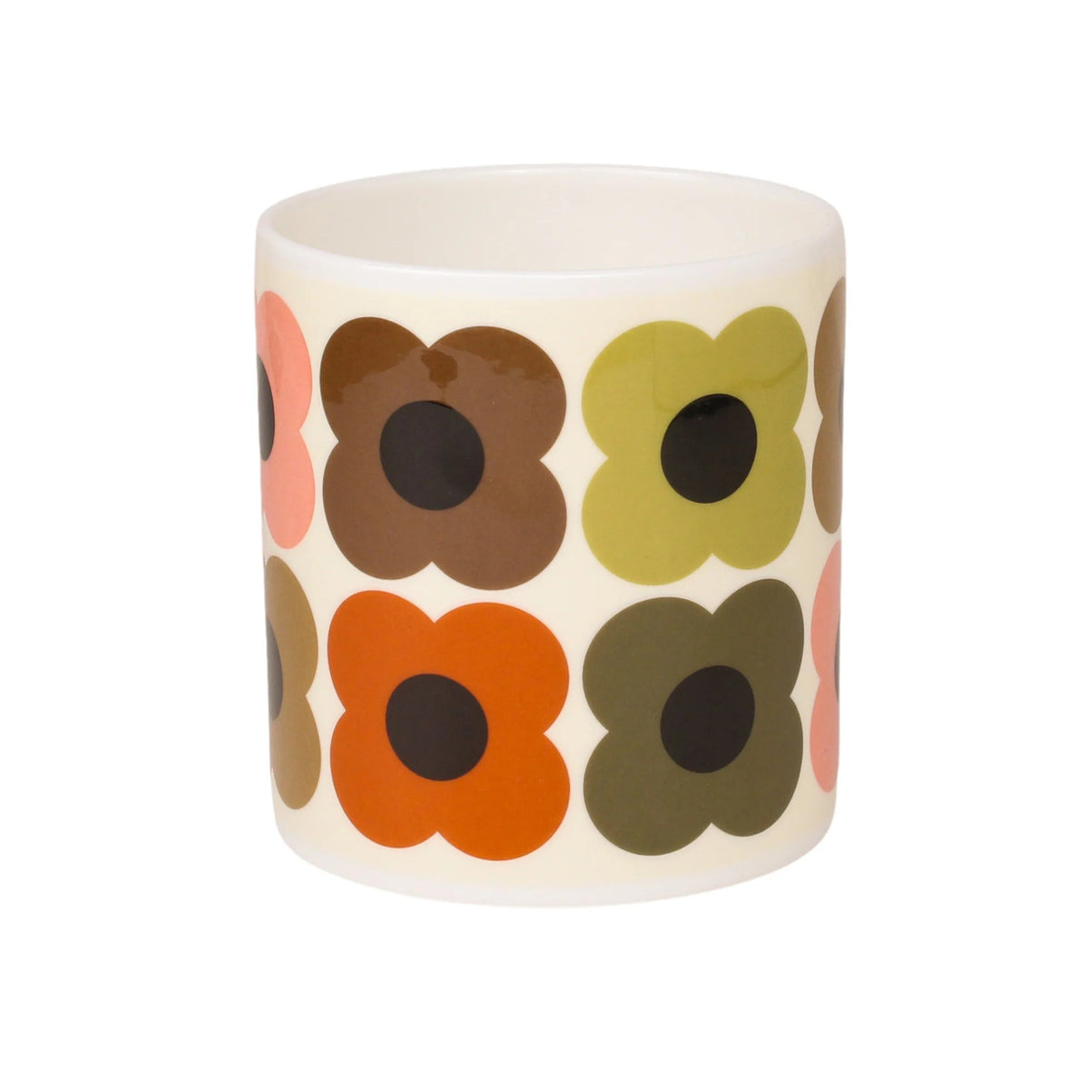 A white ceramic cylindrical cup or tumbler featuring a retro floral pattern with large, stylized flower shapes in orange, brown, olive green, and pink, each with a dark brown center.