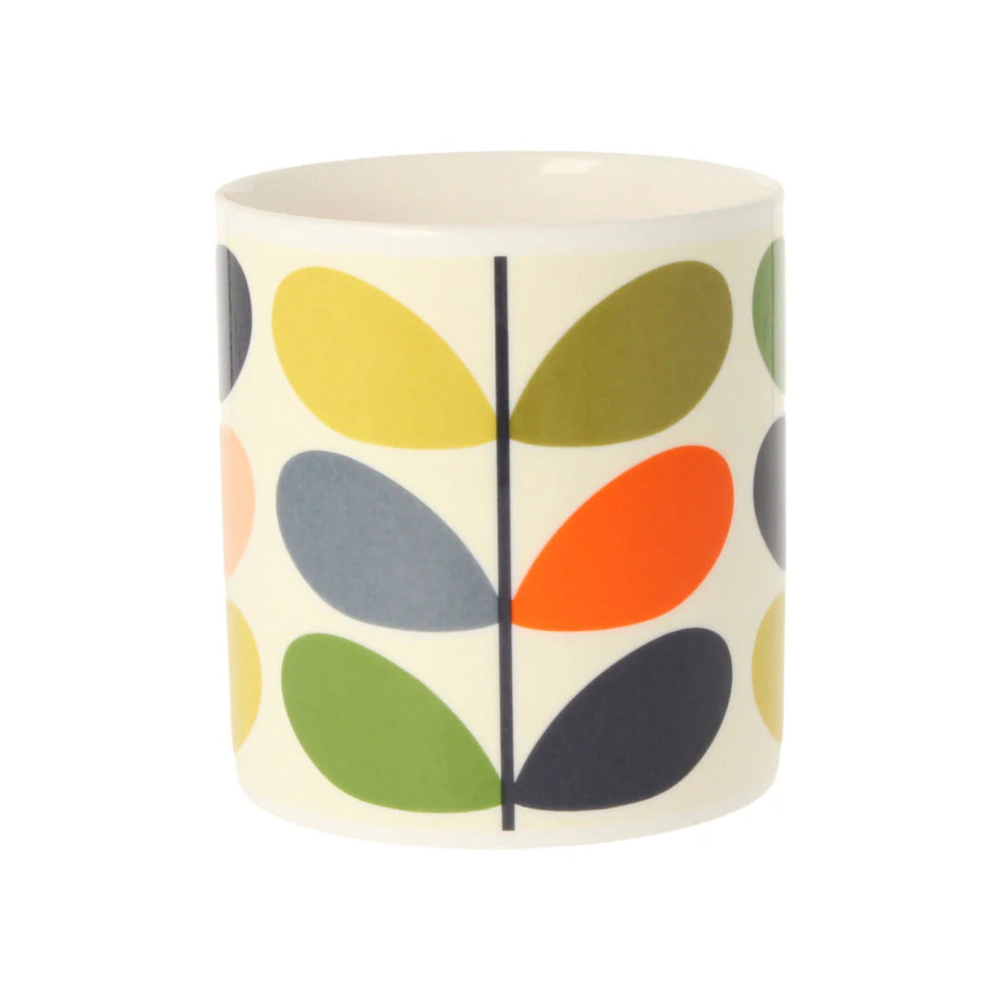 Ceramic pot with colorful leaf pattern on a white background