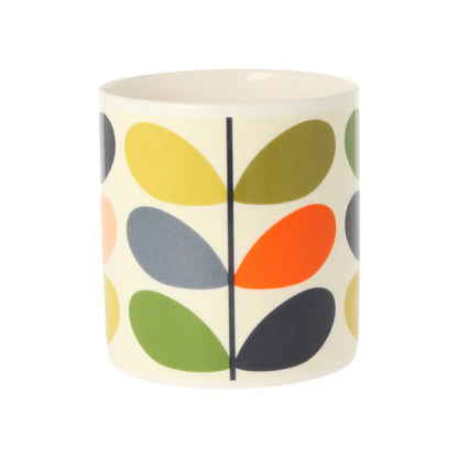 Ceramic pot with colorful leaf pattern on a white background