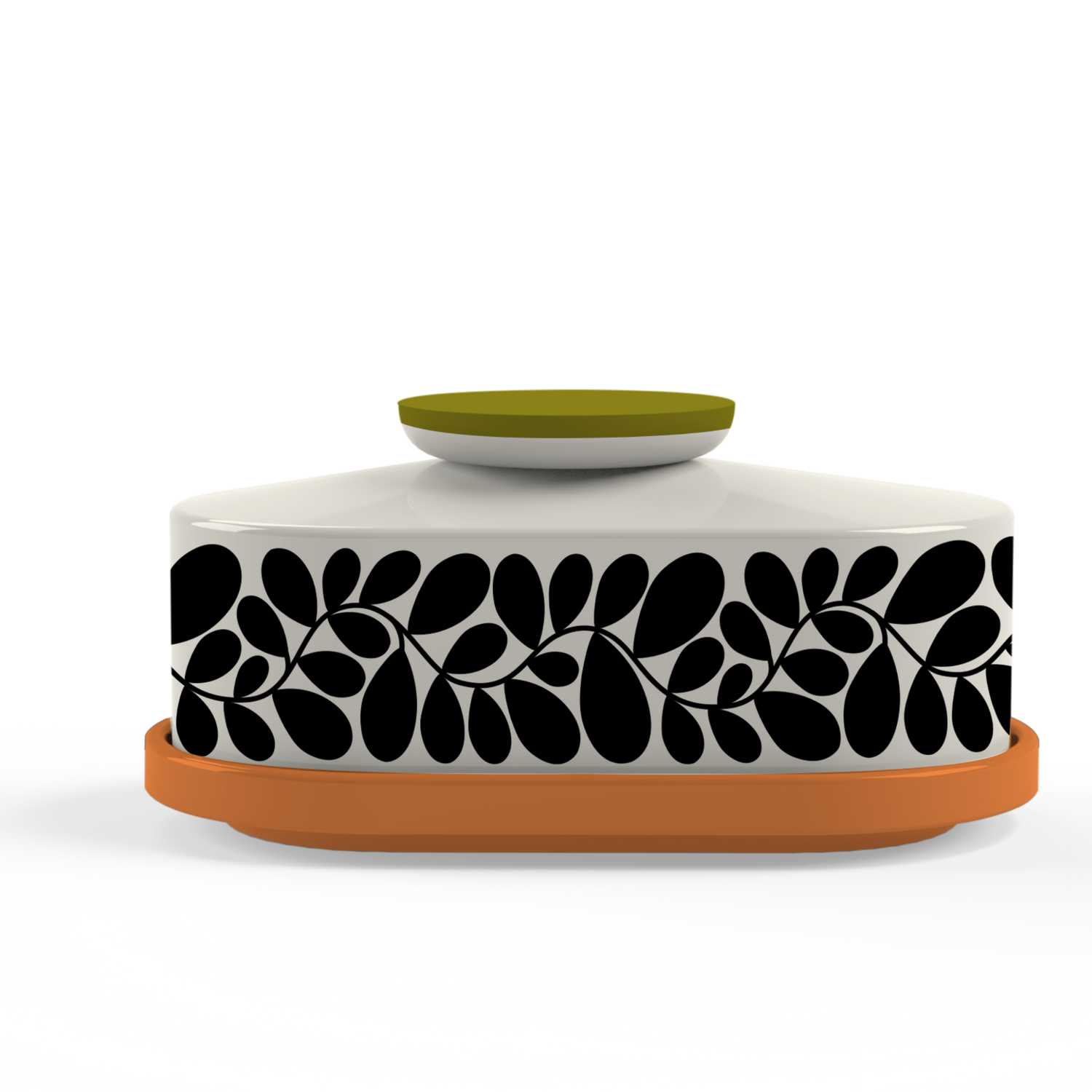 Decorative container with black leaf pattern on a white background