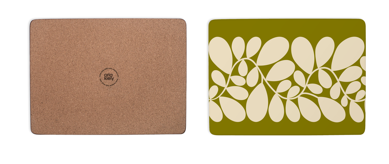 Brown cork mat and green placemat with leaf pattern on a white background