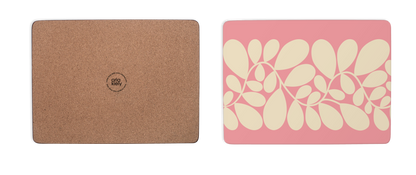 Two mouse pads, one cork texture and one with floral design on pink background