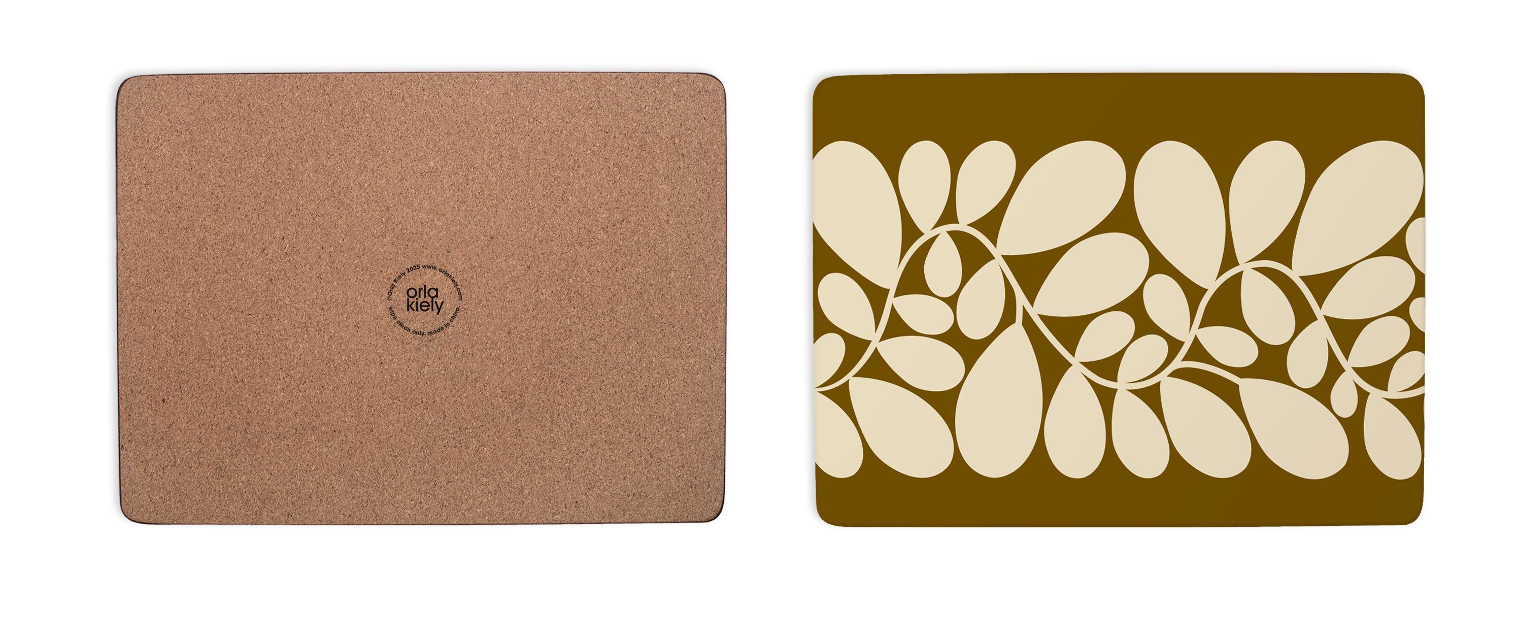 Cork mouse pad on the left and a decorative placemat with leaf pattern on the right.