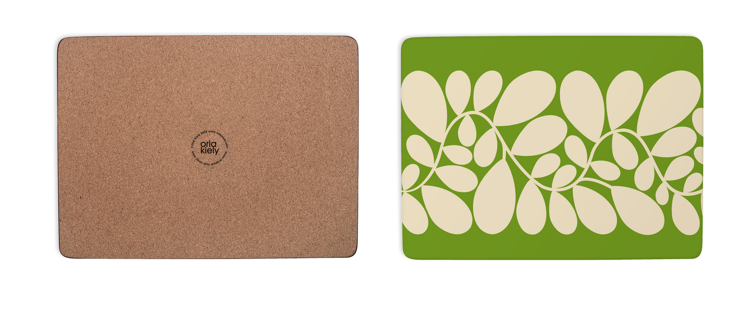 Two placemats, one brown and one green with leaf pattern, on a white background.