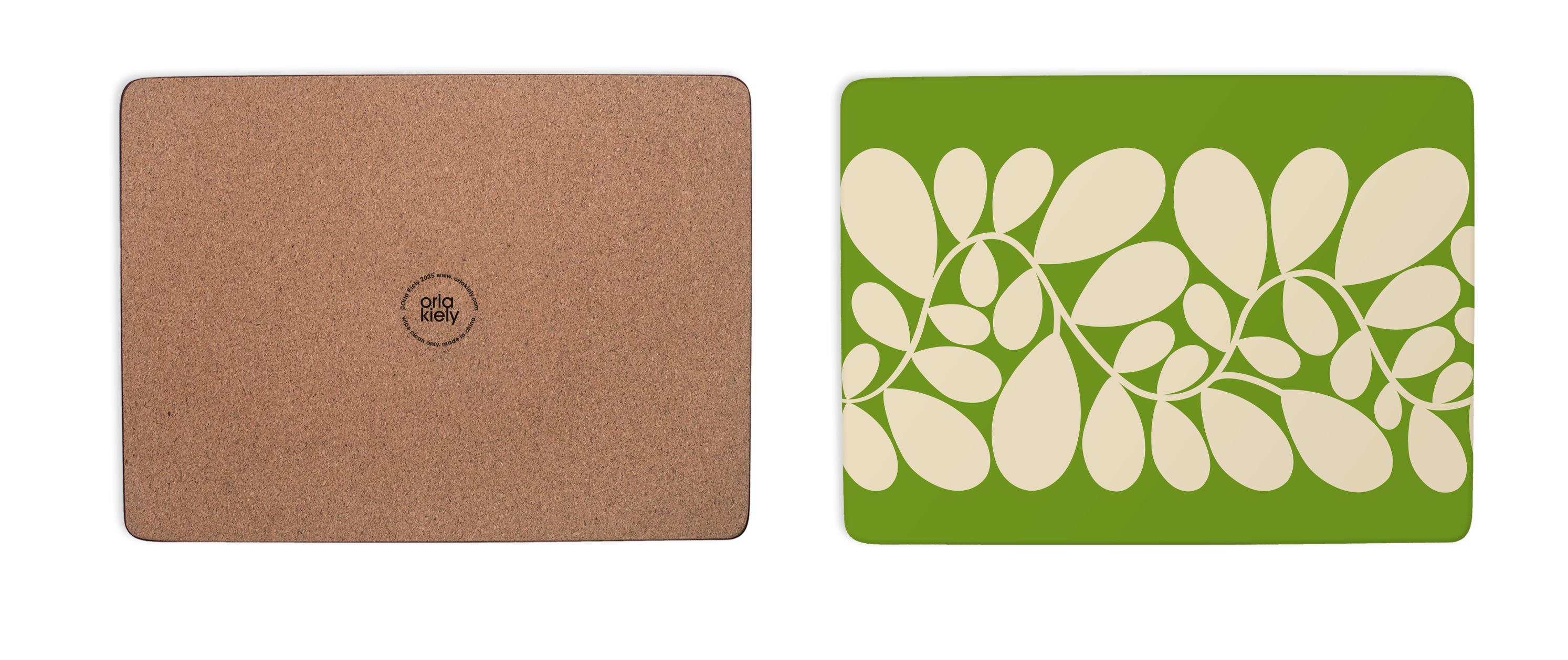 Two placemats, one brown and one green with leaf pattern, on a white background.