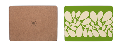 Two placemats, one brown and one green with leaf pattern, on a white background.
