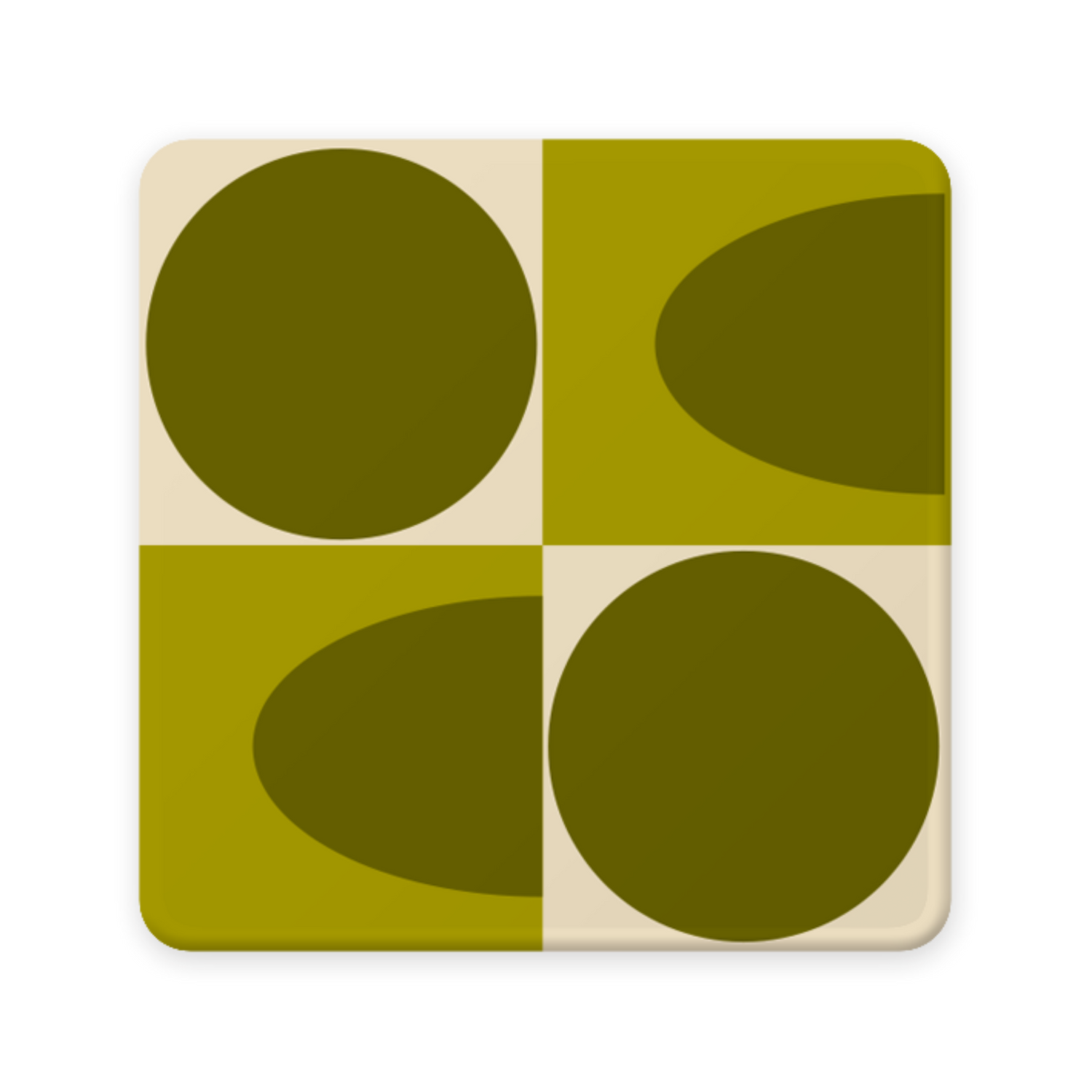 Square coaster with green geometric design on a beige background