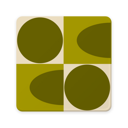 Square coaster with green geometric design on a beige background