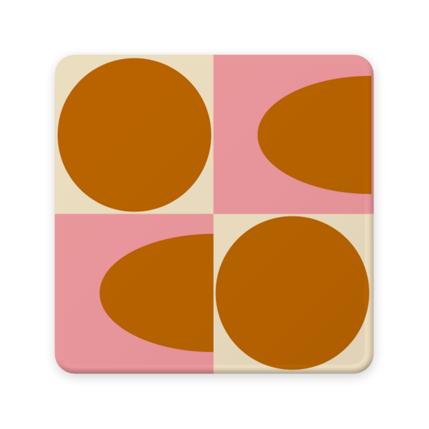 Square coaster with geometric design of brown circles on a pink and beige background