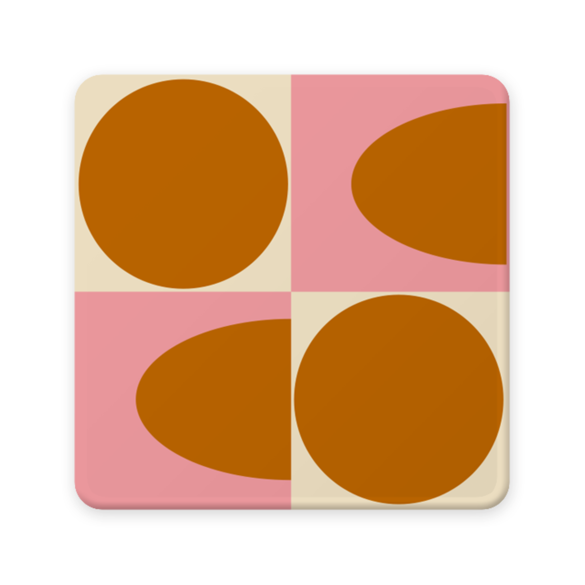 Square coaster with geometric design of brown circles on a pink and beige background