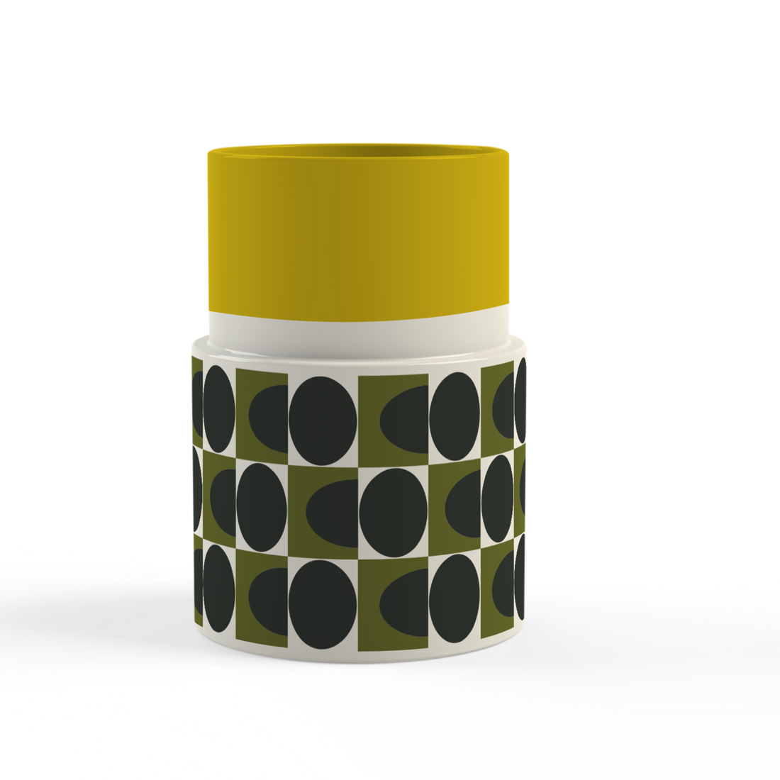 Container with yellow top and black and green patterned body on a white background