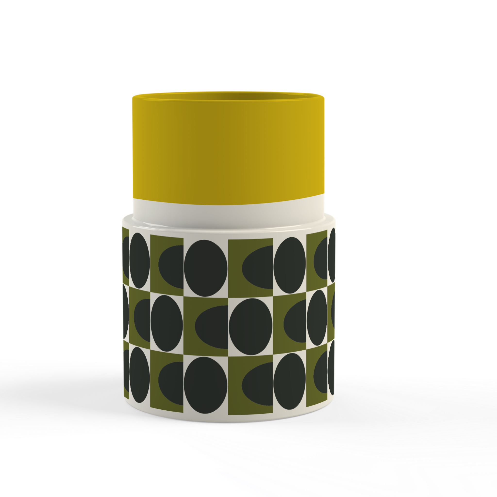 Container with yellow top and black and green patterned body on a white background