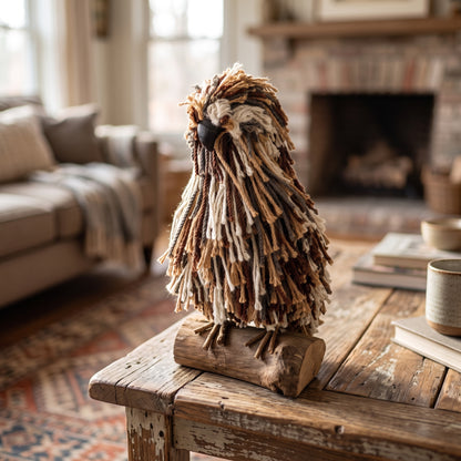 A decorative hawk figurine made from wood and brown and cream jute strands, perched on a small rustic log base on a wooden coffee table in a cozy living room setting.