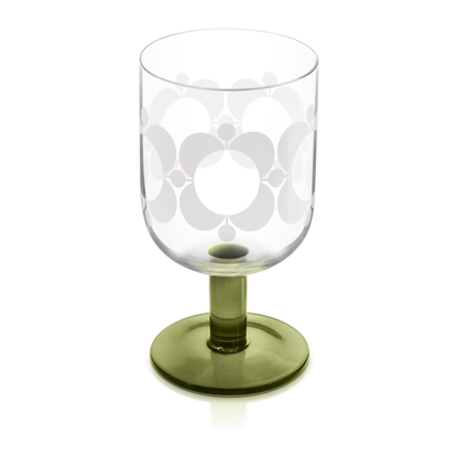 Clear glass with floral pattern and green base on a white background