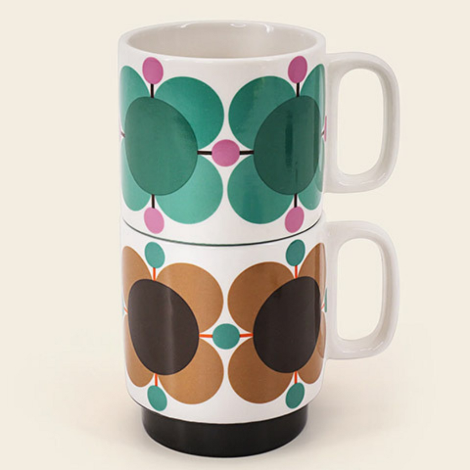 Orla Kiely Atomic Flower Set of Two Mugs Jewel &amp; Latte 330ml