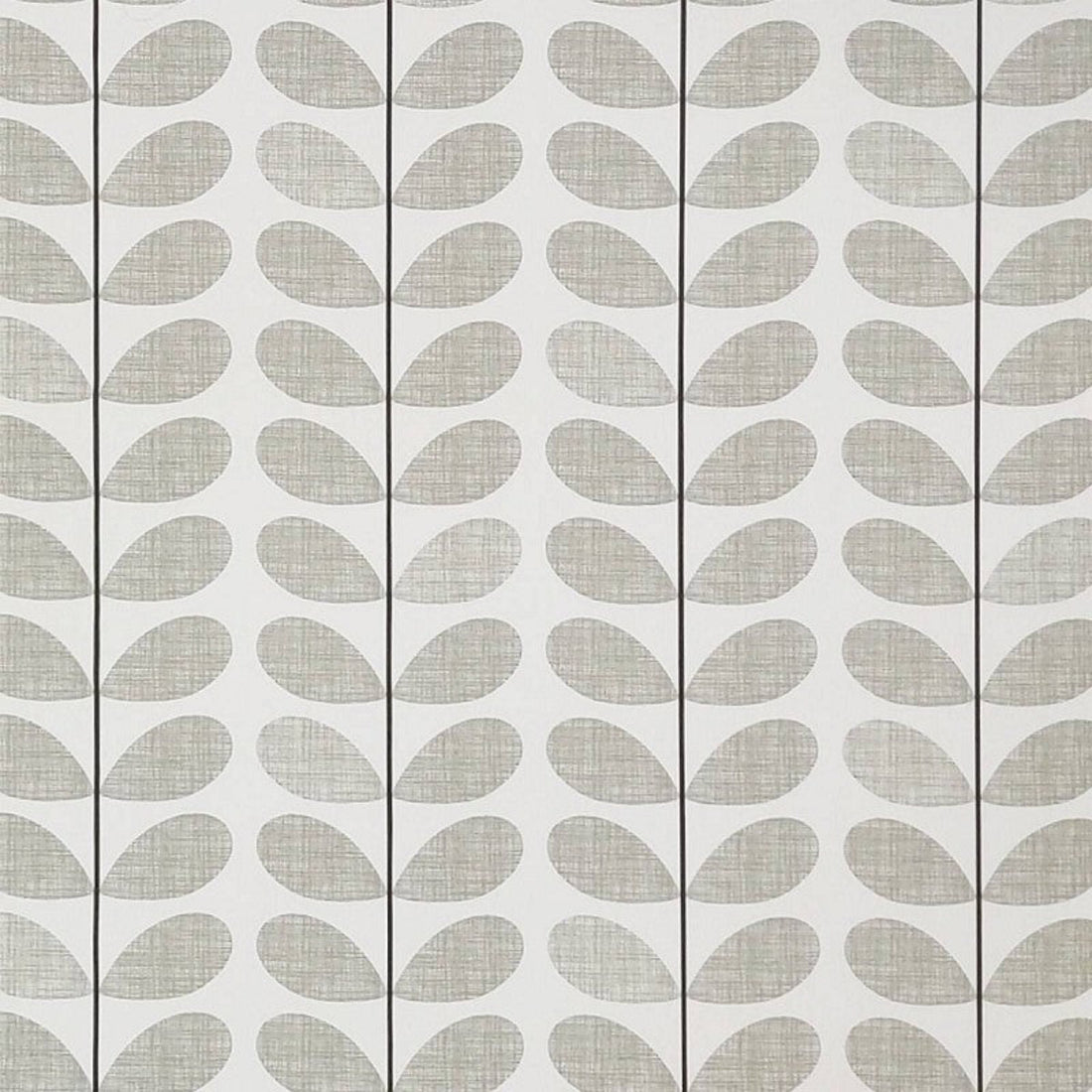A close-up of a fabric pattern featuring a repeating vertical row of gray leaf-like teardrop shapes on a white background.