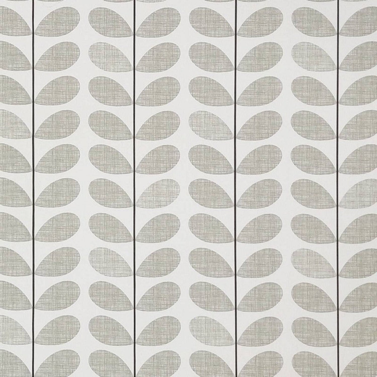 A close-up of a fabric pattern featuring a repeating vertical row of gray leaf-like teardrop shapes on a white background.