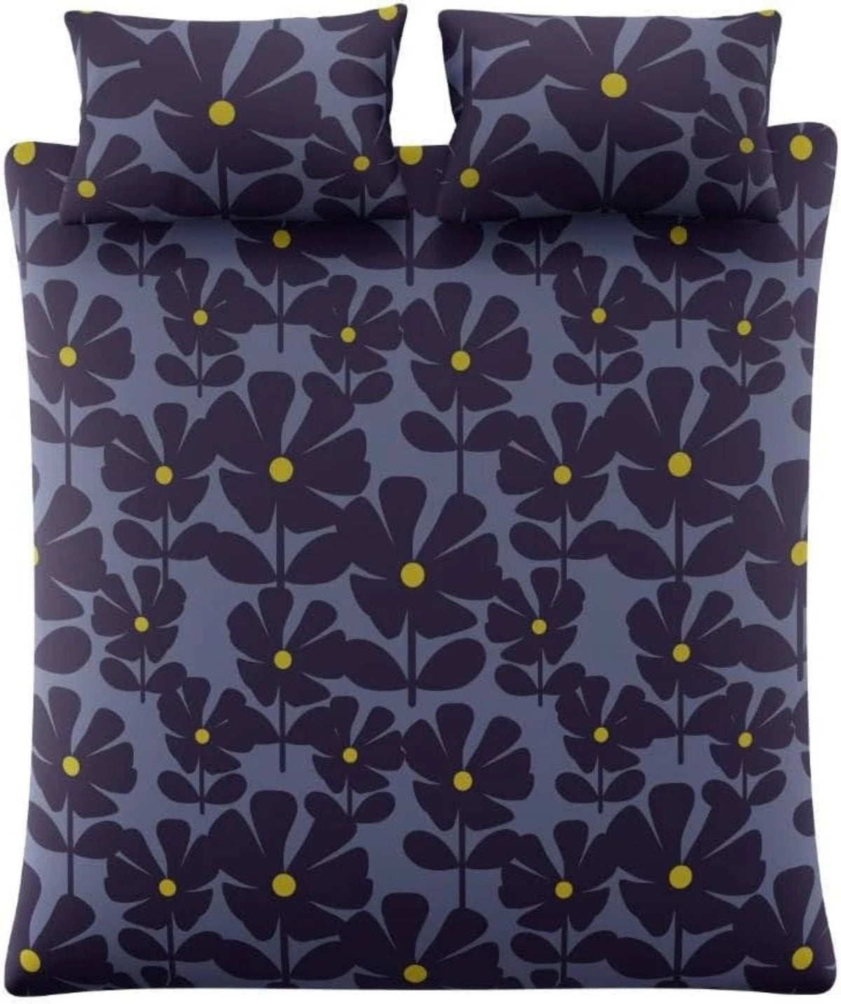 A bedding set featuring a duvet cover and two pillowcases with a retro floral pattern in dark purple and navy blue, accented with small yellow dots.