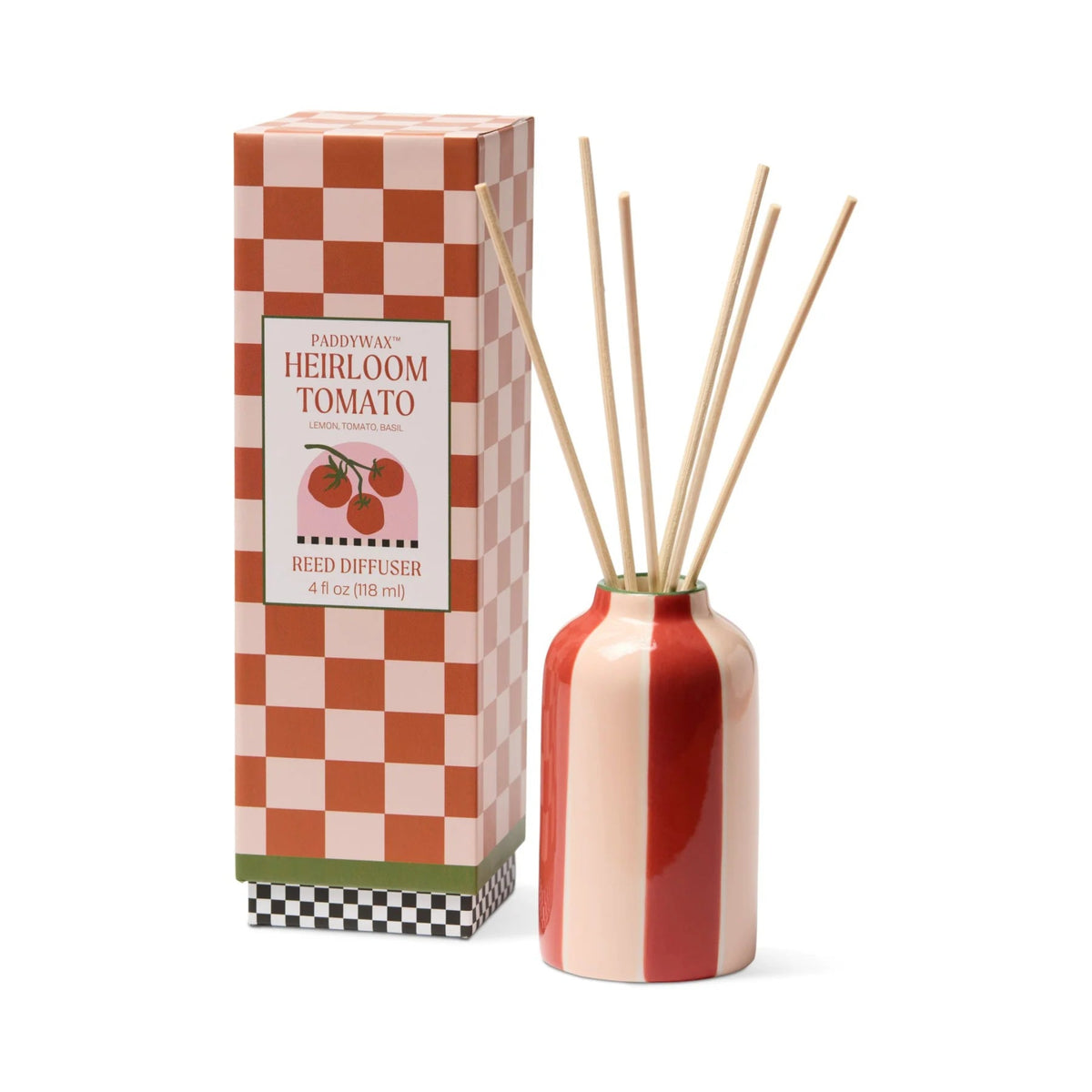 A reed diffuser set with a glossy ceramic bottle in red and cream stripes, next to its branded retail box featuring a red and cream checkerboard pattern and a tomato illustration.