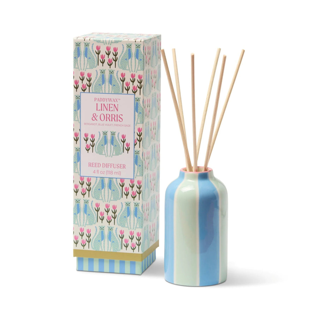 Reed diffuser with packaging featuring floral design on a white background
