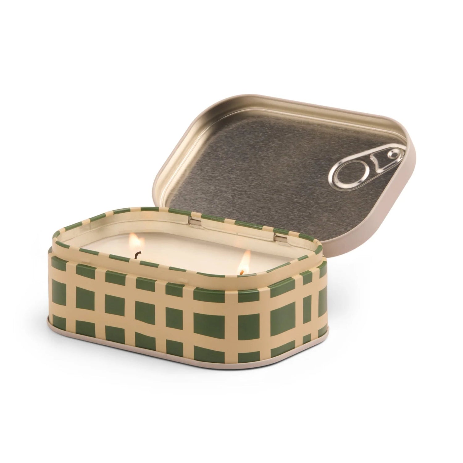 Candle in a green and beige checkered tin with a white background