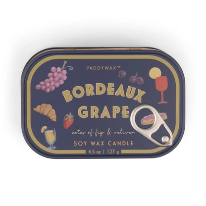 Paddywax Bordeaux Grape candle tin with illustrations on a white background