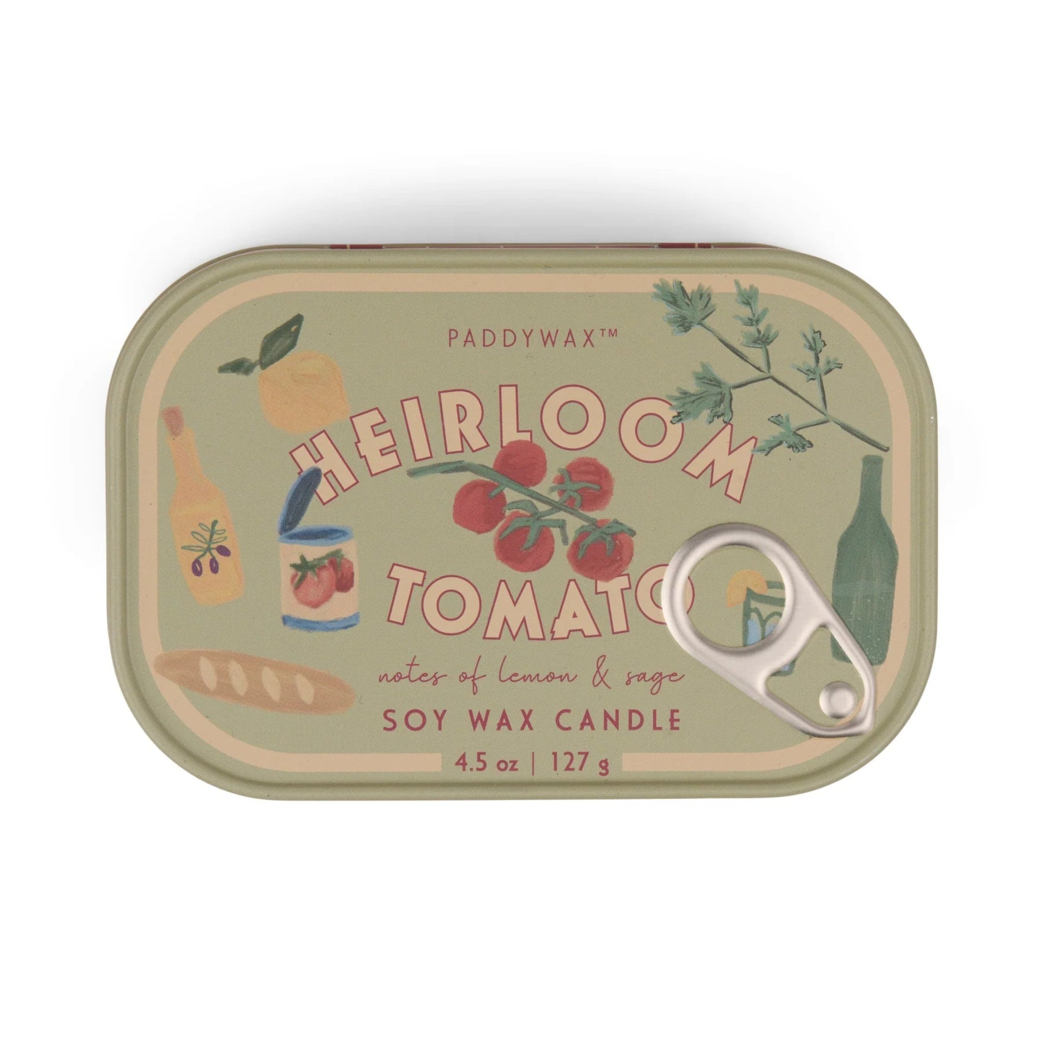 Paddywax Heirloom Tomato candle tin on a white background