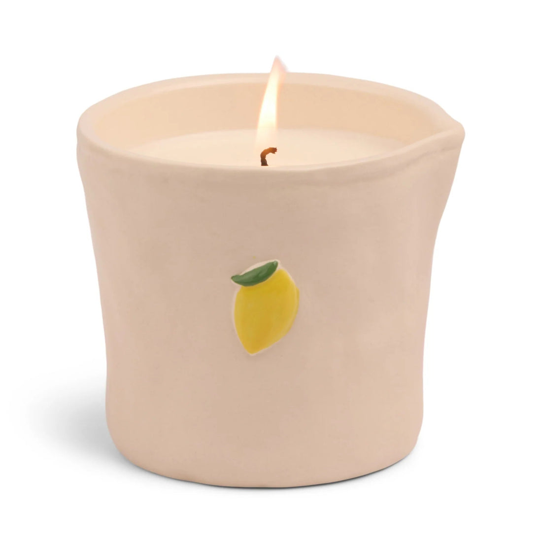 Beige candle with a lemon design on a white background