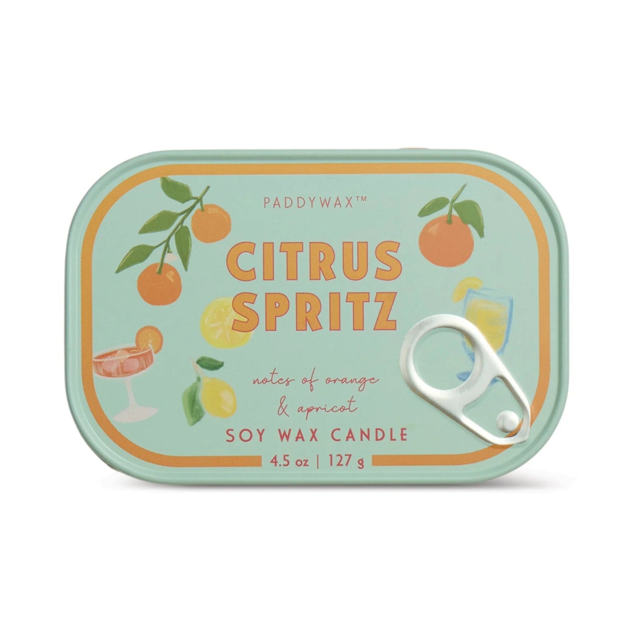 Paddywax Citrus Spritz candle tin with illustrations of citrus fruits on a light green background