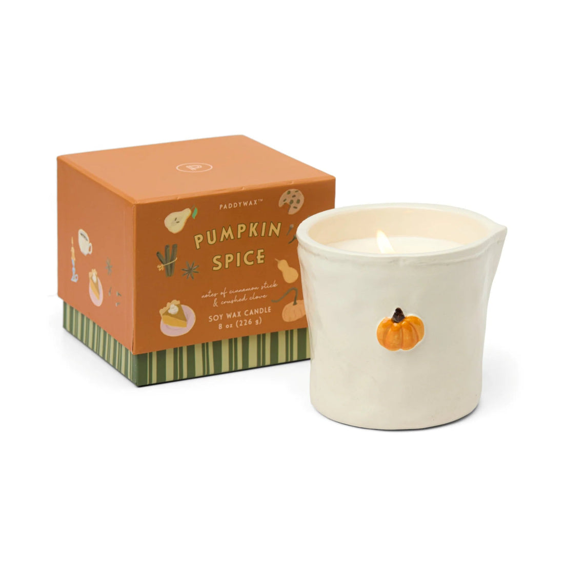 Pumpkin spice candle with packaging on a white background