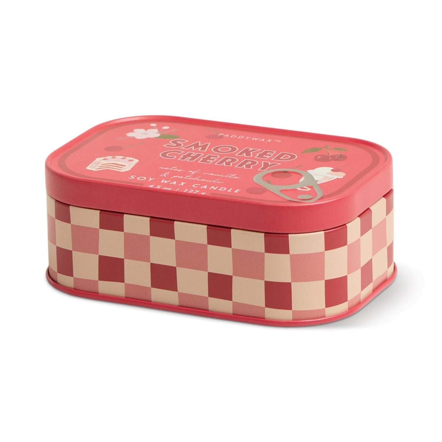 Red and checkered tin container with &