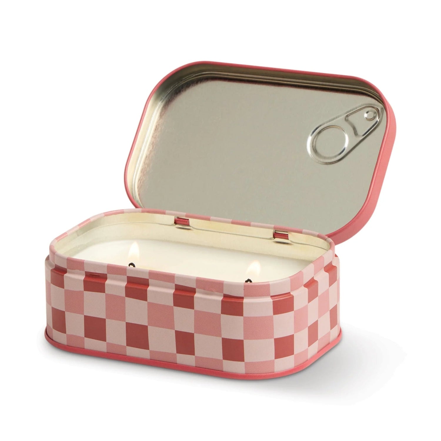 Checkered tin can with a red and white pattern on a white background