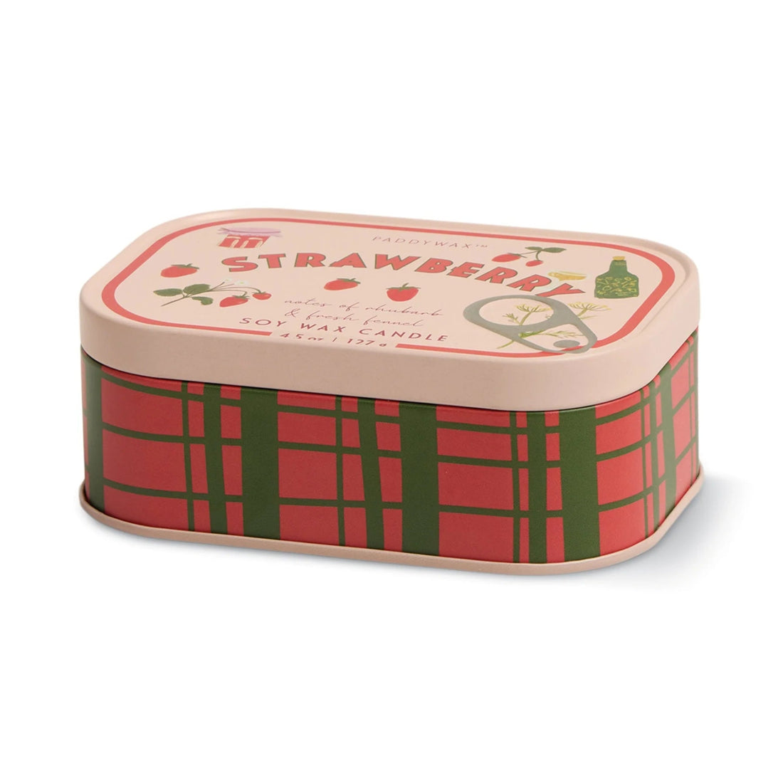 Rectangular tin with plaid design and strawberry-themed label on a white background
