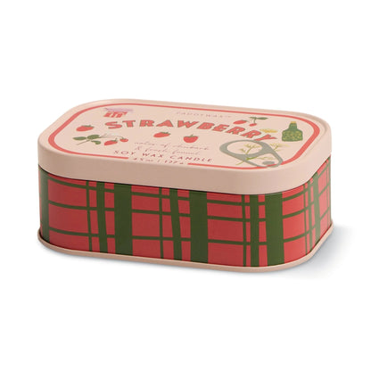 Rectangular tin with plaid design and strawberry-themed label on a white background