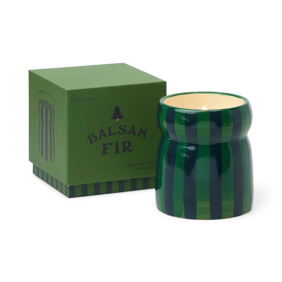 A green and dark green striped ceramic candle holder next to its matching green box, labeled &