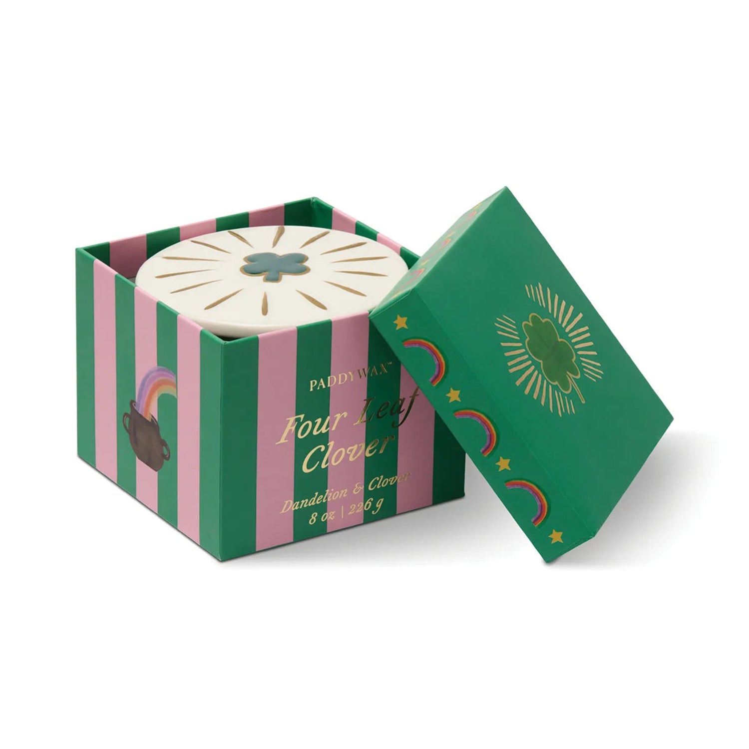 Paddywax candle in a decorative box with green and pink stripes on a white background
