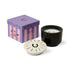 Black candle with white lid, purple decorative box, and pink and purple striped packaging on a white background
