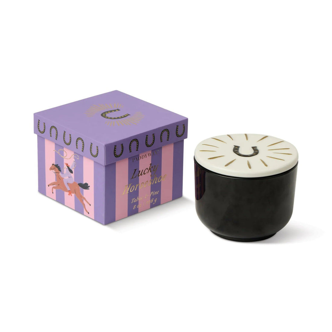 Black container with white lid featuring a horseshoe design, next to a purple box with horse illustrations on a white background.