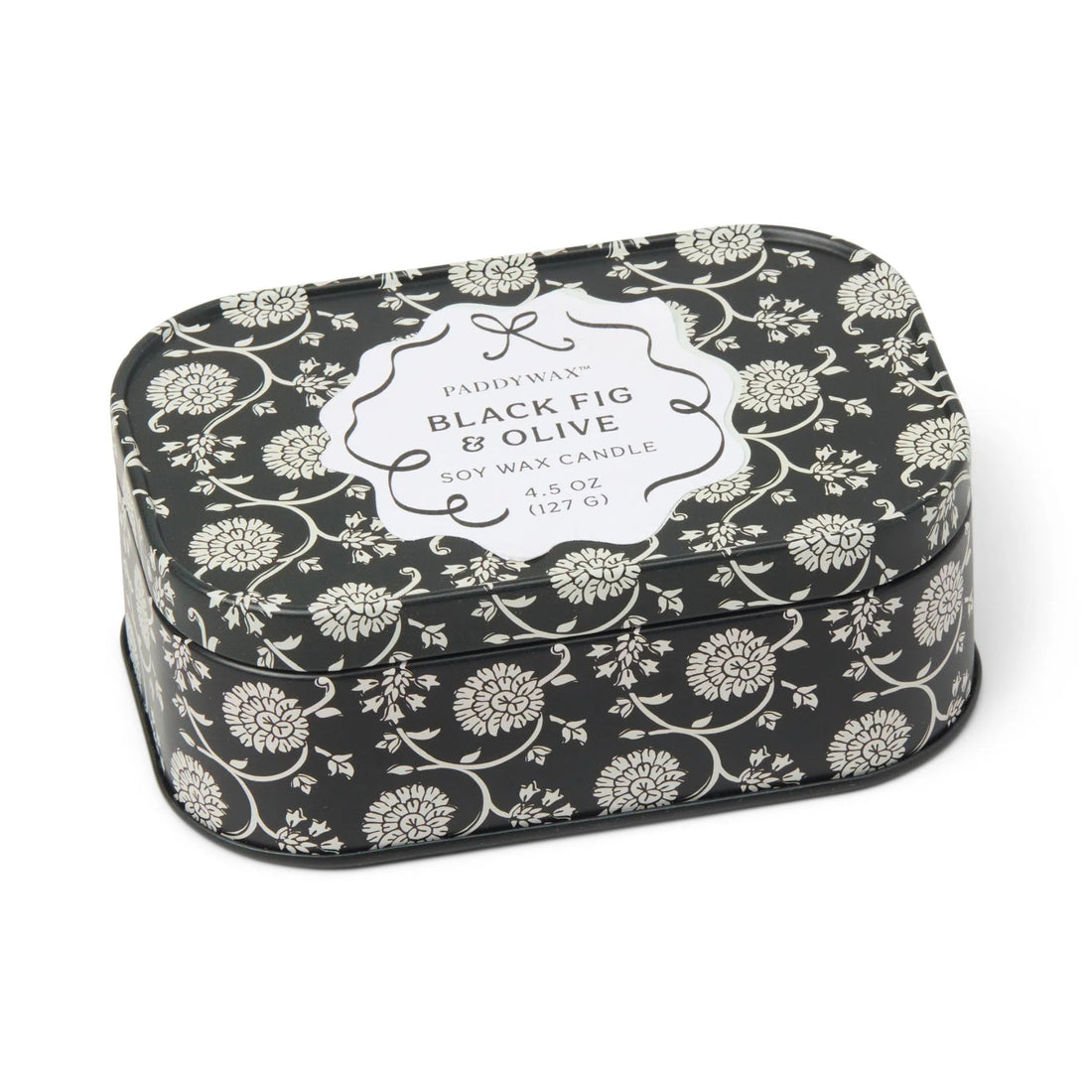 Decorative candle tin with floral pattern and &